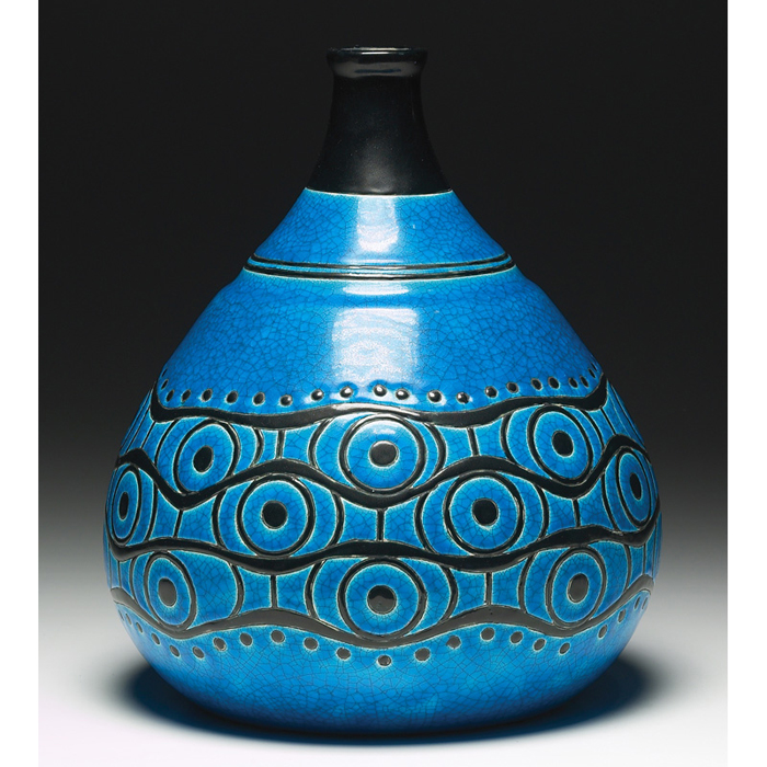 Appraisal: Longwy Primavera vase large bulbous form in blue with black