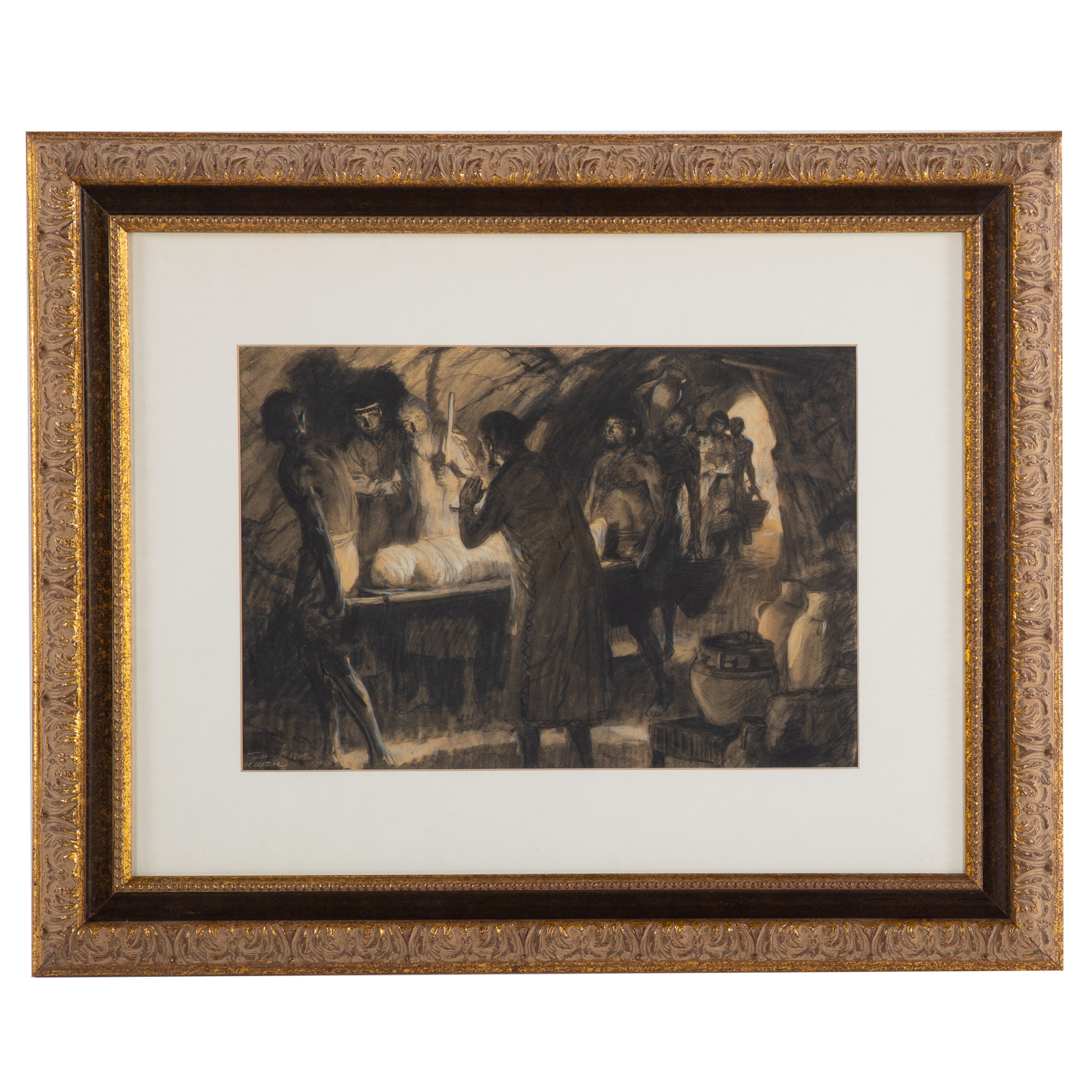 Appraisal: TOM LOVELL ENTOMBMENT SCENE DRAWING American - Charcoal heightened with