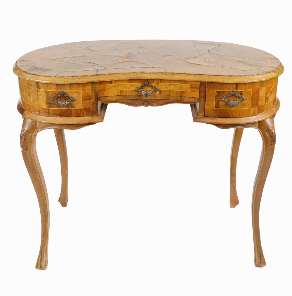 Appraisal: CONTINENTAL PARQUETRY WRITING TABLEthe kidney-shaped top with removable glass cover