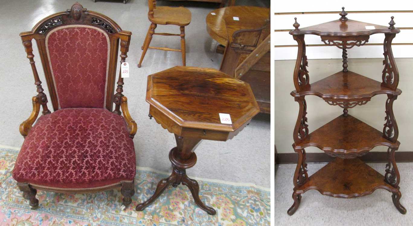 Appraisal: THREE SMALL ARTICLES OF VICTORIAN FURNITURE rosewood sewing table with