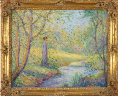 Appraisal: Woman by edge of creek oil on canvas board x