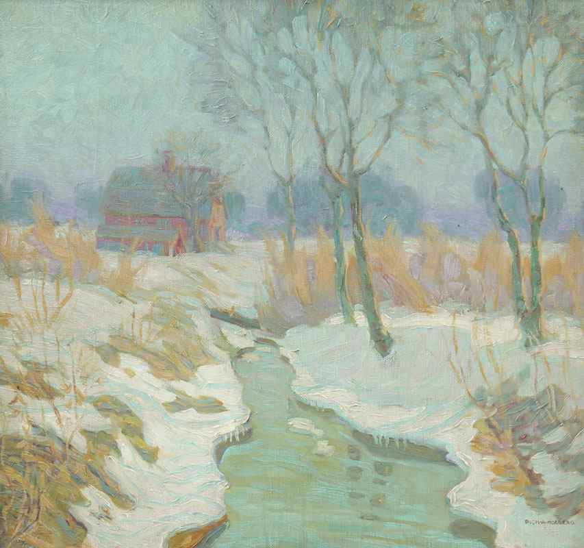 Appraisal: HOLBERG Richard American - Winter Stream with Red Barn OIL