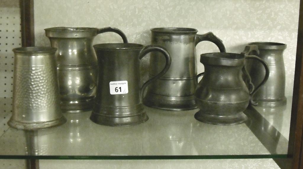 Appraisal: th century pewter baluster quart measure tankard high together with