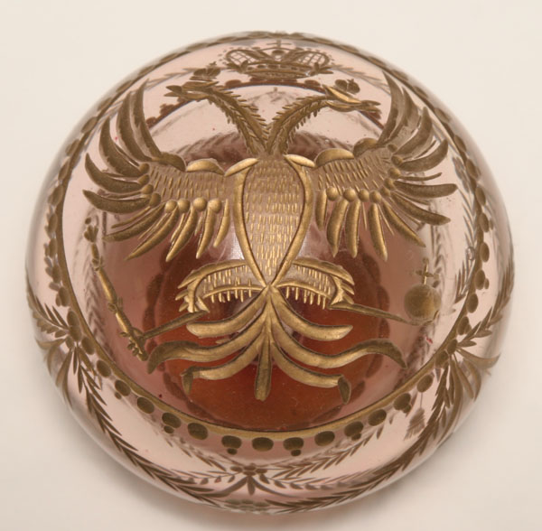 Appraisal: Glass paperweight with engraved gilt Tsarist's seal double-headed eagle with