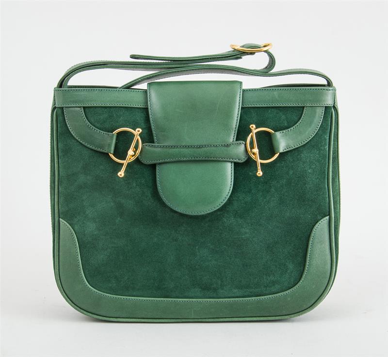 Appraisal: GUCCI GREEN SUEDE HANDBAG Clasp seems to be locked together