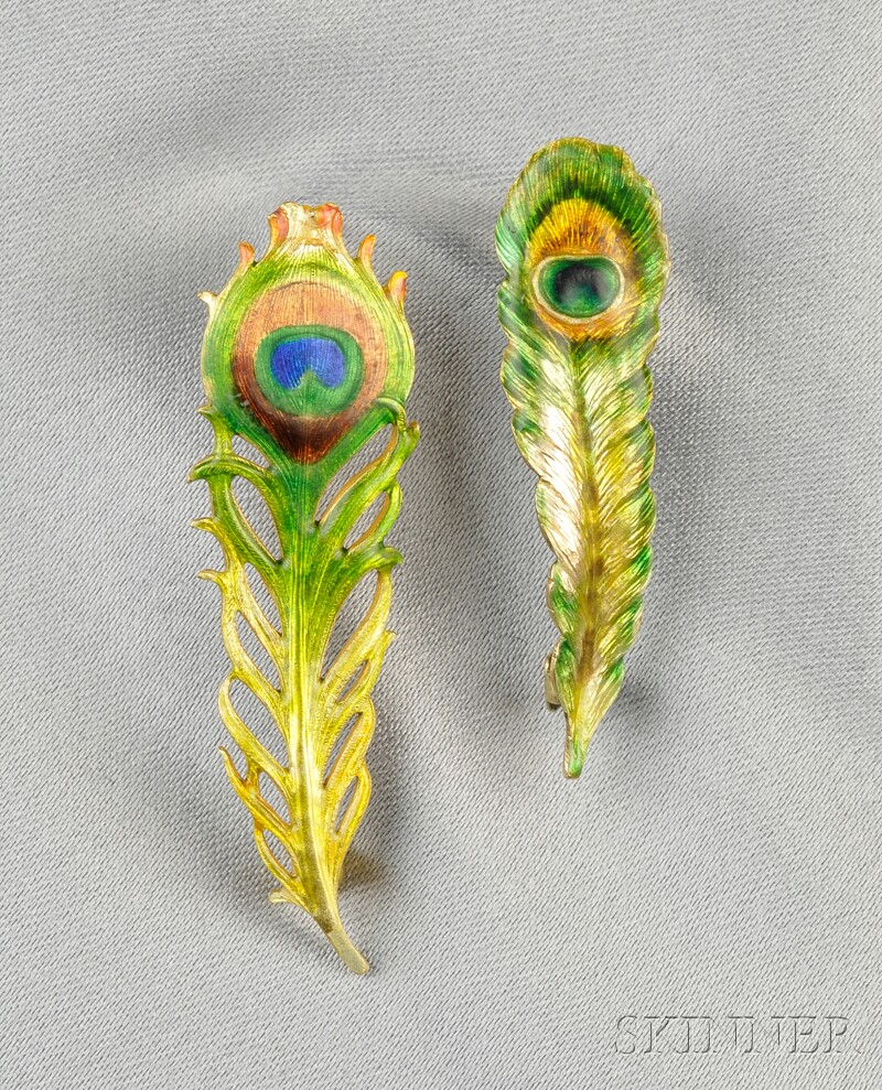 Appraisal: Two Art Nouveau kt Gold and Enamel Peacock Feather Brooches