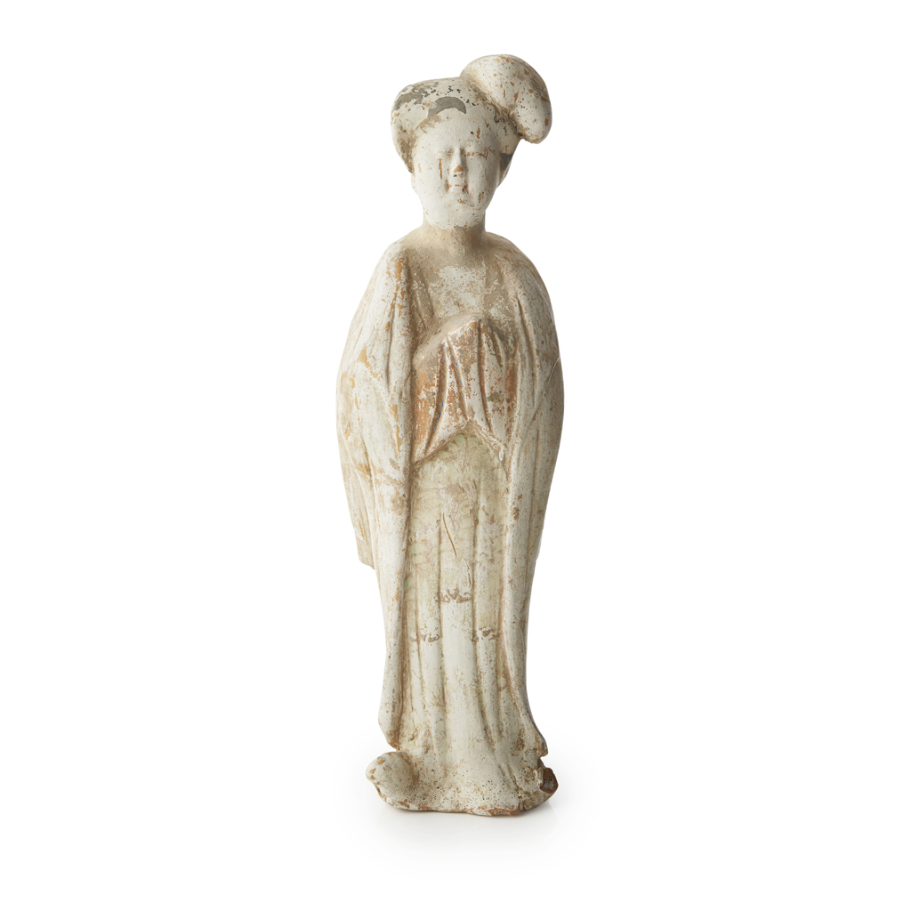 Appraisal: POTTERY FIGURE OF A COURT LADY standing with her hands