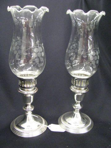 Appraisal: Pair of Sterling Silver Hurricane Lamps etched crystal shades