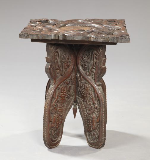 Appraisal: Asian Carved Hardwood Folding Side Table late th century the