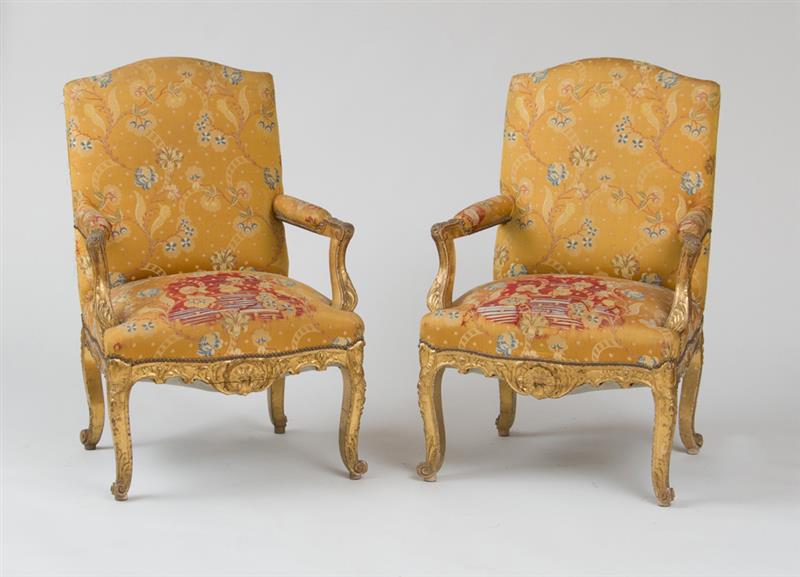 Appraisal: PAIR OF R GENCE STYLE GILTWOOD FAUTEUILS LA REINE Each