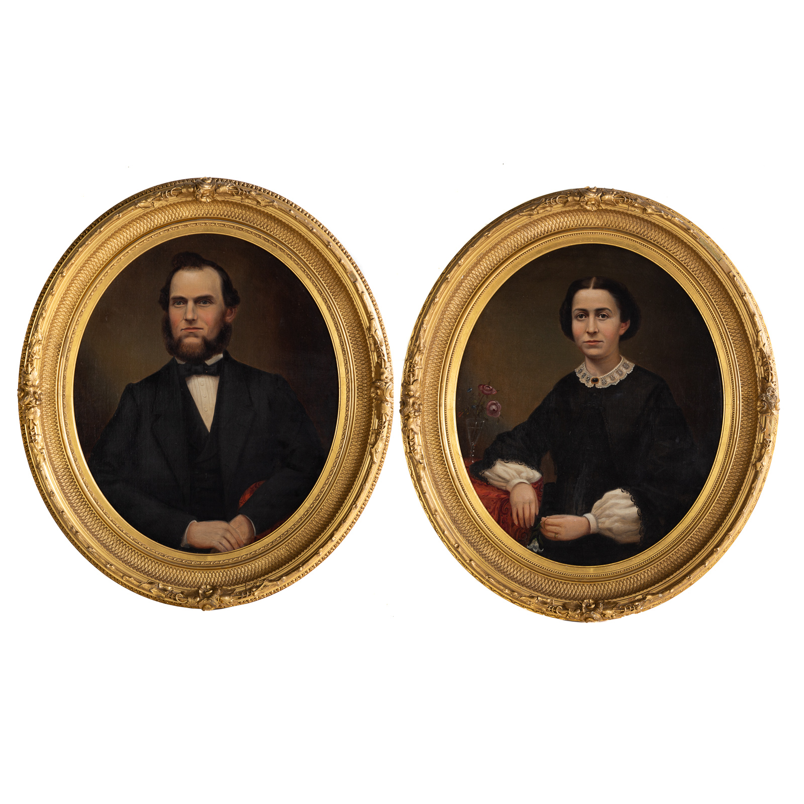 Appraisal: AMERICAN SCHOOL TH C PAIR OF WEDDING PORTRAITS OIL American