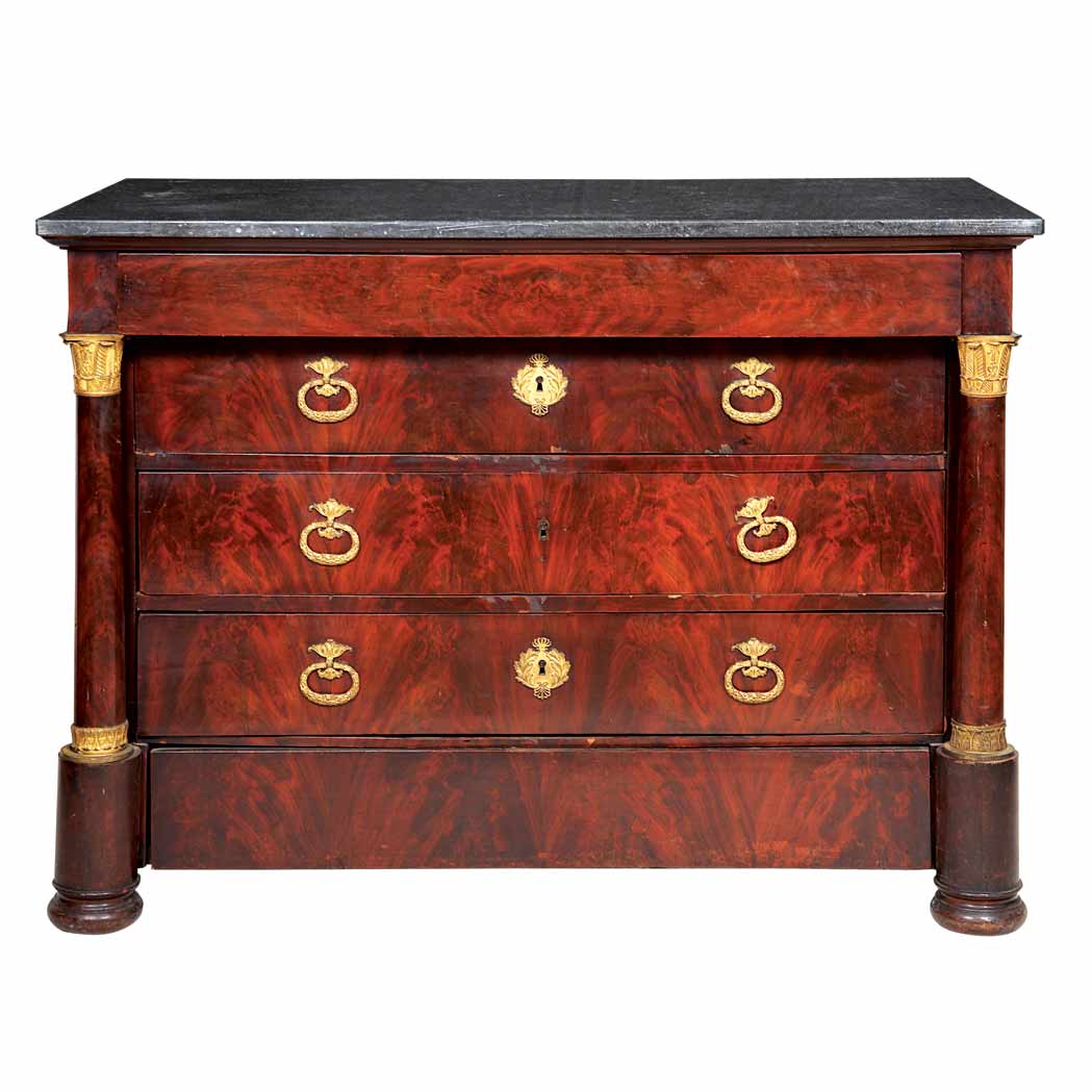 Appraisal: Empire Gilt-Bronze Mounted Mahogany Commode Circa The gray veined rectangular