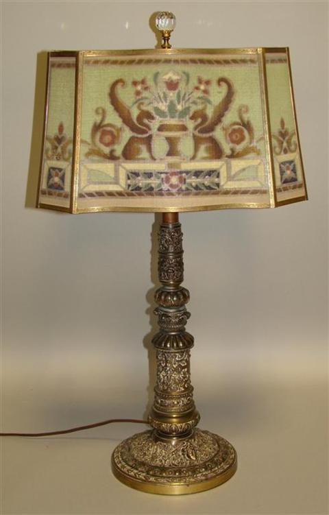 Appraisal: BRADLEY AND HUBBARD GILT-METAL TABLE LAMP AND STENCILLED SHADE With