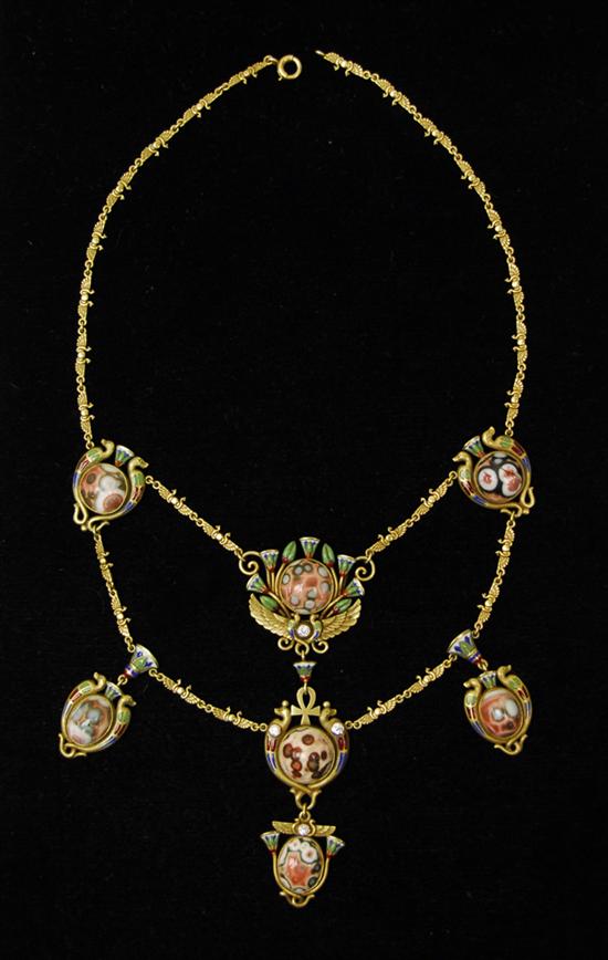 Appraisal: FINE EGYPTIAN REVIVAL YELLOW GOLD ENAMEL DIAMOND AND OPERCULUM SHELL