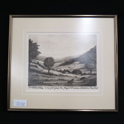 Appraisal: Oscar Bach etching New Milford Ct pasture land with horses