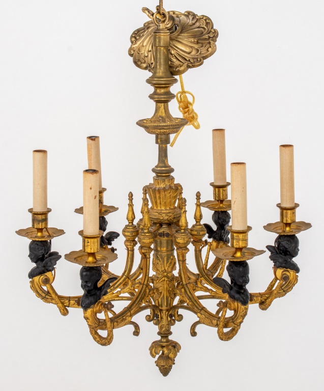 Appraisal: NEOCLASSICAL CARVED BRASS CHANDELIER WITH CHERUBS Neoclassical six branches gilt