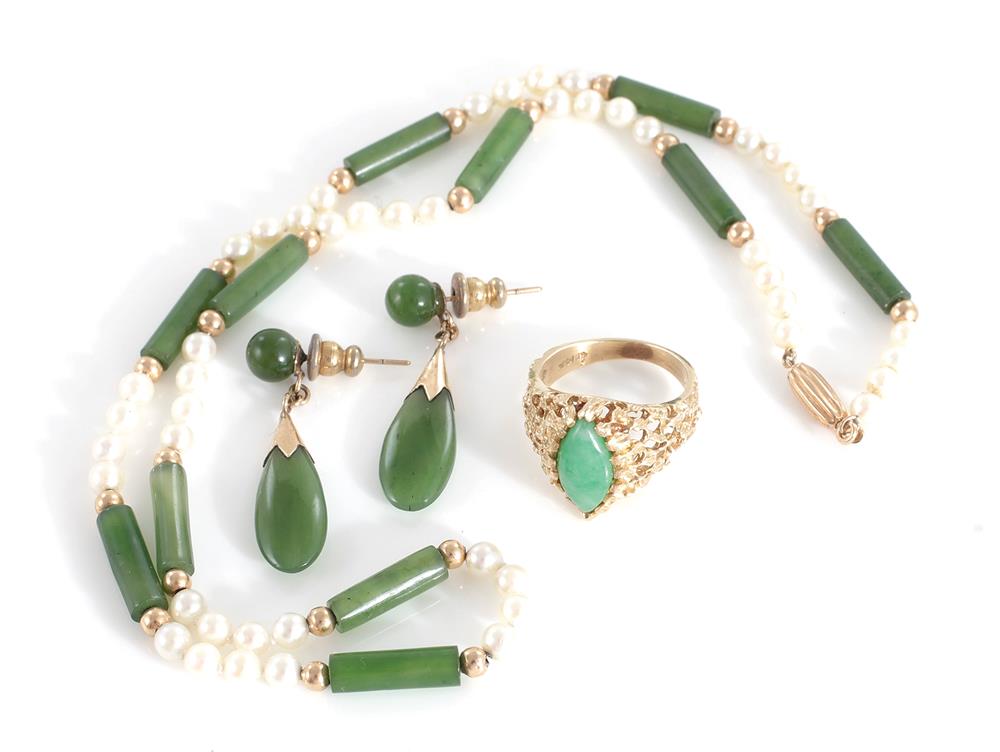 Appraisal: Jade and gold necklace earrings and ring jade and seed