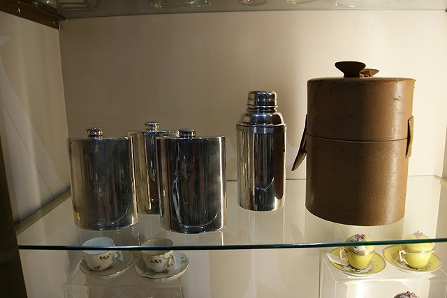 Appraisal: Leather cased carrying Britannia metal thermos and hip flask setin