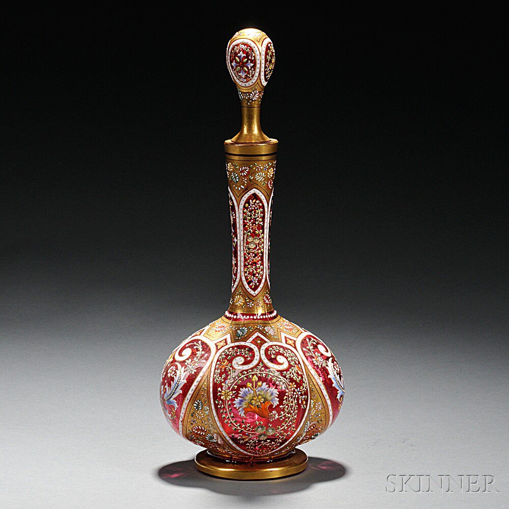 Appraisal: Moser-type Gilded and Enameled Cranberry Glass Decanter Bohemia late th