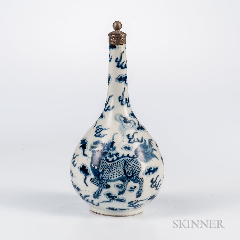 Appraisal: Blue and White Bottle with Metal Stopper Blue and White