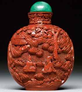 Appraisal: ANTIQUE CINNABAR SNUFF BOTTLE Large and antique well carved cinnabar