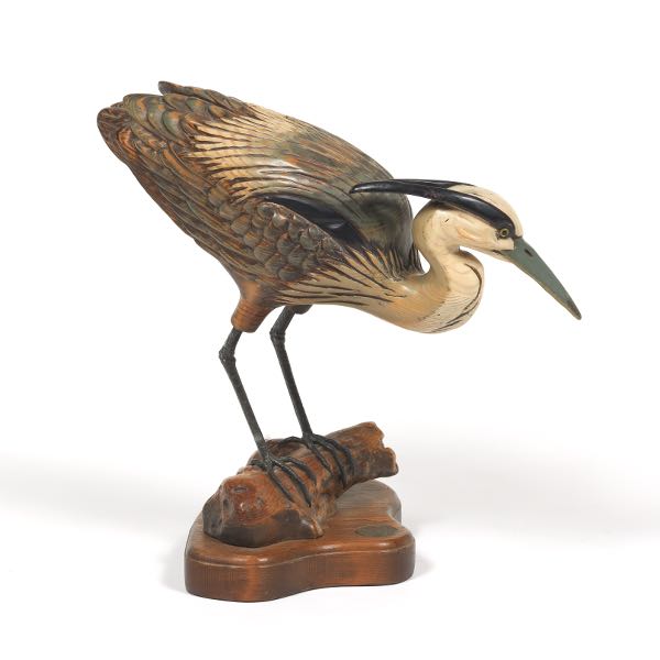 Appraisal: VINTAGE CARVED WOOD AND BRONZE HERON SCULPTURE BY TOM TABLE