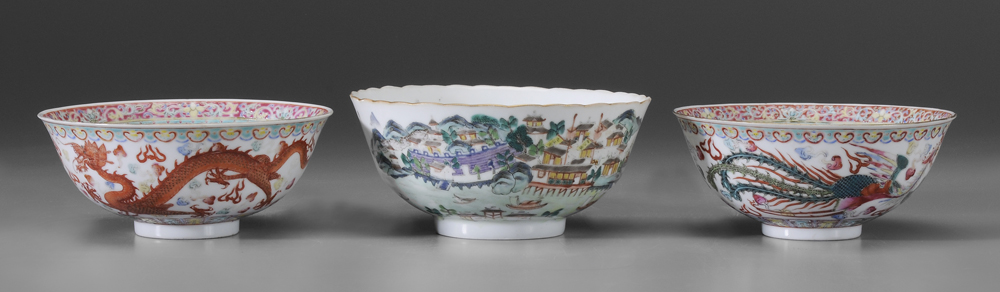 Appraisal: Three Chinese Porcelain Bowls pair famille rose with central coin