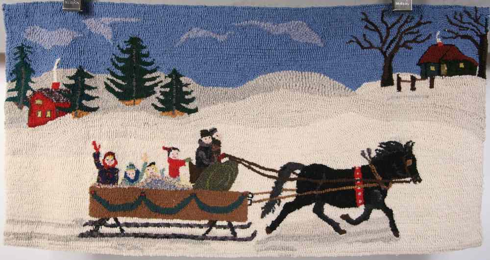 Appraisal: FIGURAL HOOKED RUG - Family in Sleigh by Blanche Mary