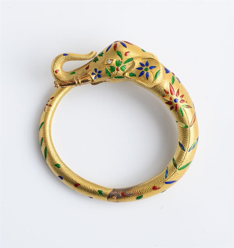 Appraisal: K GOLD AND ENAMEL ELEPHANT BANGLE BULGARI Hinged mounting of