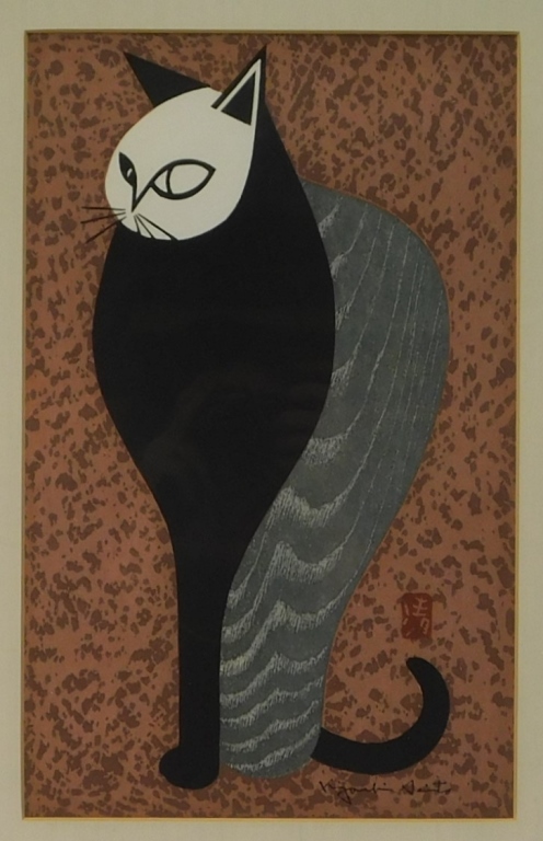 Appraisal: KIYOSHI SAITO MODERN CAT WOODBLOCK PRINT Japan - Depiction of