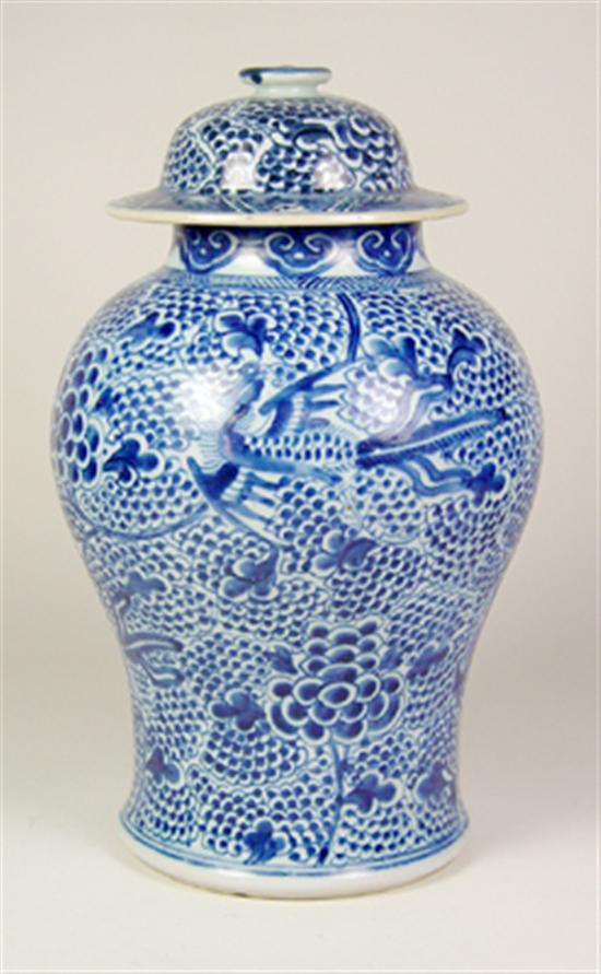 Appraisal: Chinese Blue White Temple Jar with Cover Kang Hsi style