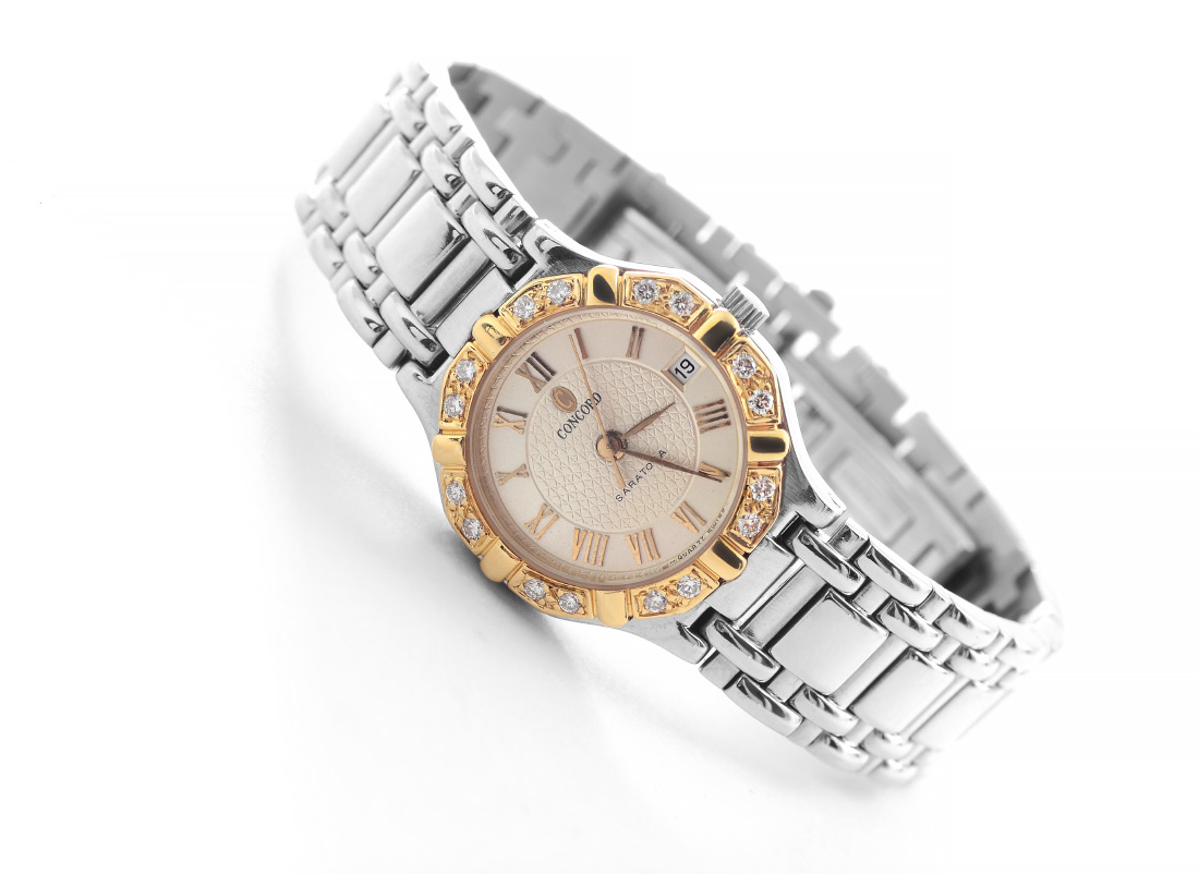 Appraisal: CONCORD LADY'S SARATOGA STAINLESS WRIST WATCH WITH K DIAMOND BEZEL