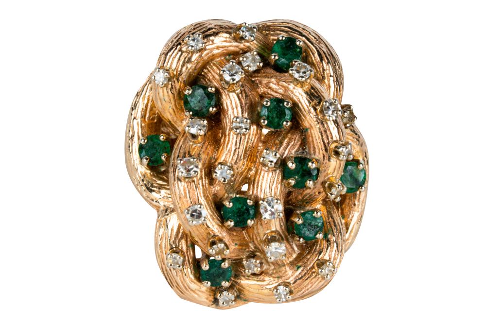 Appraisal: KARAT YELLOW GOLD DIAMOND EMERALD RINGcontaining nine round mixed cut