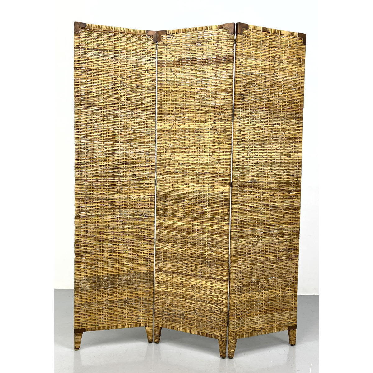 Appraisal: Three Panel Woven Rattan Room Divider Screen Metal Corner Trim