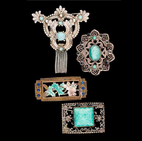 Appraisal: Grouping of Green Enamel Brooches A grouping of four brooches