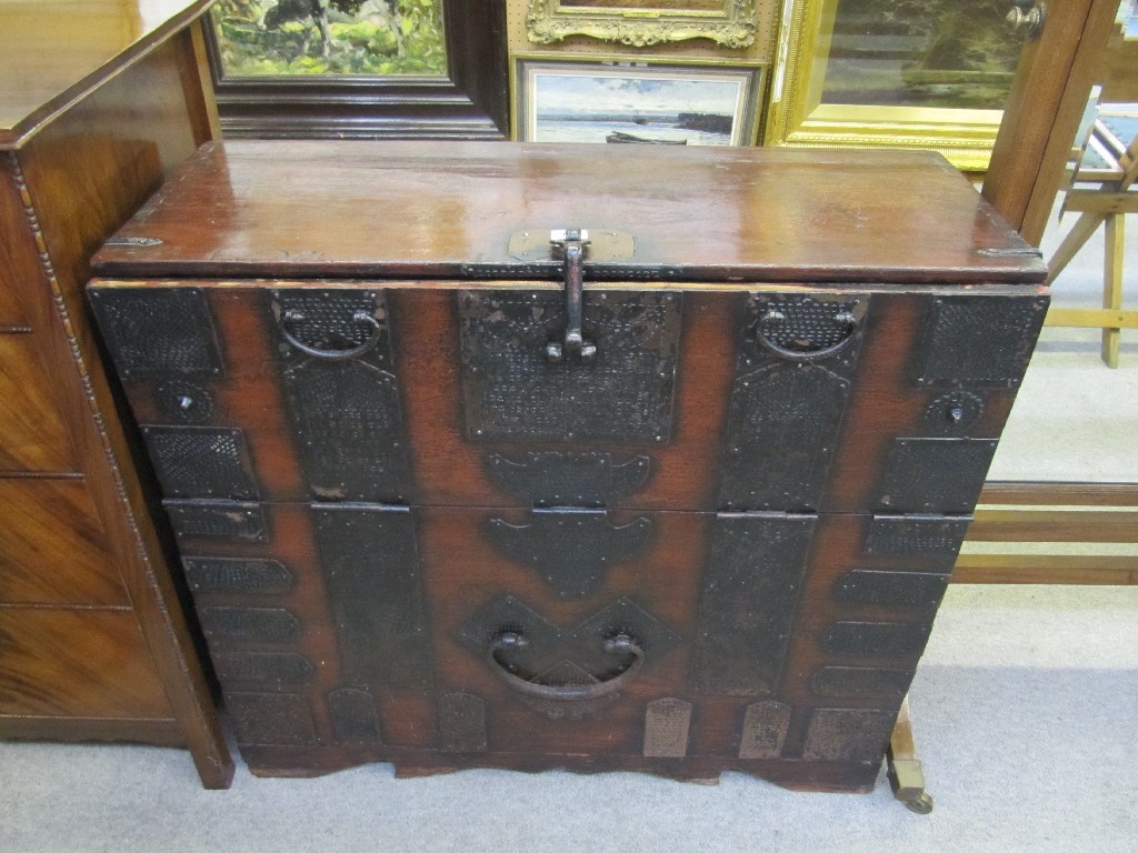 Appraisal: Oriental hardwood and metal bound collectors chest