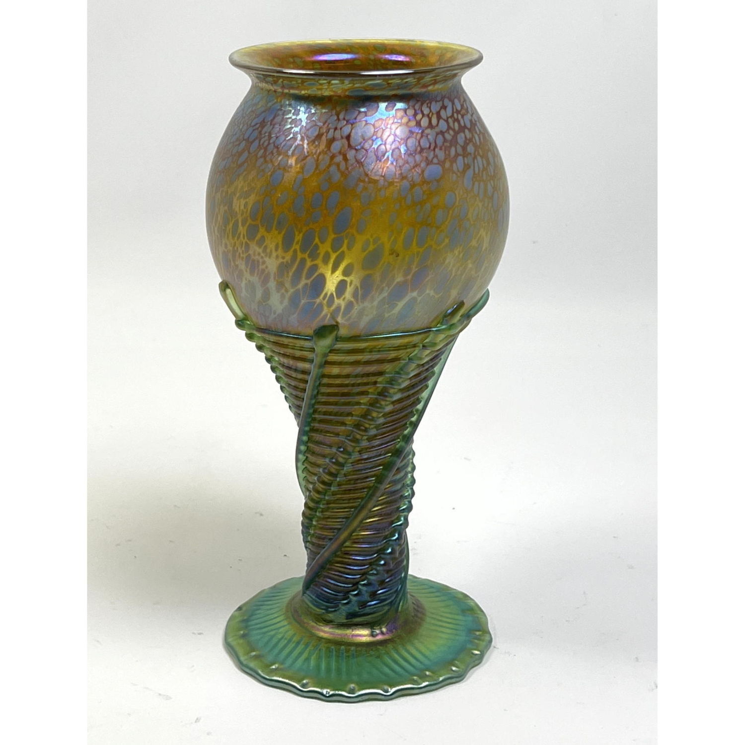 Appraisal: Signed Iridescent Art Glass Footed Vase Oil spot bulbous form