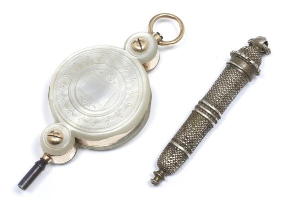 Appraisal: A CLOCK KEY WITH A SPIRAL HYGROMETER and A PENDANT