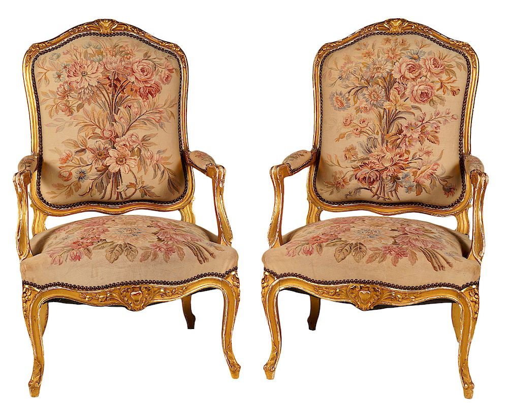 Appraisal: Pair French Louis XV Style Gilt Arm Chairs Pair late