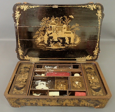 Appraisal: - Large Chinese lacquerware sewing box c with ornate figural