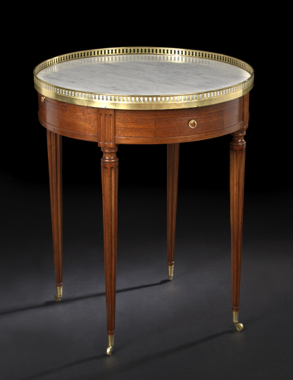 Appraisal: Louis XVI-Style Mahogany and Marble-Top Bouillotte Table early th century