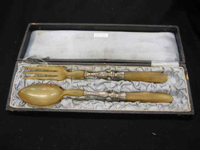 Appraisal: Victorian Salad Serving Set fork spoon carved horn silverplate original