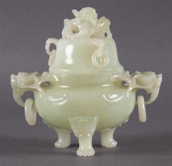 Appraisal: Chinese jade censer th century dragon-form handles and feet entwined