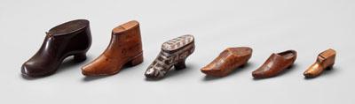 Appraisal: Six miniature shoes probably snuff boxes one heavy black leather