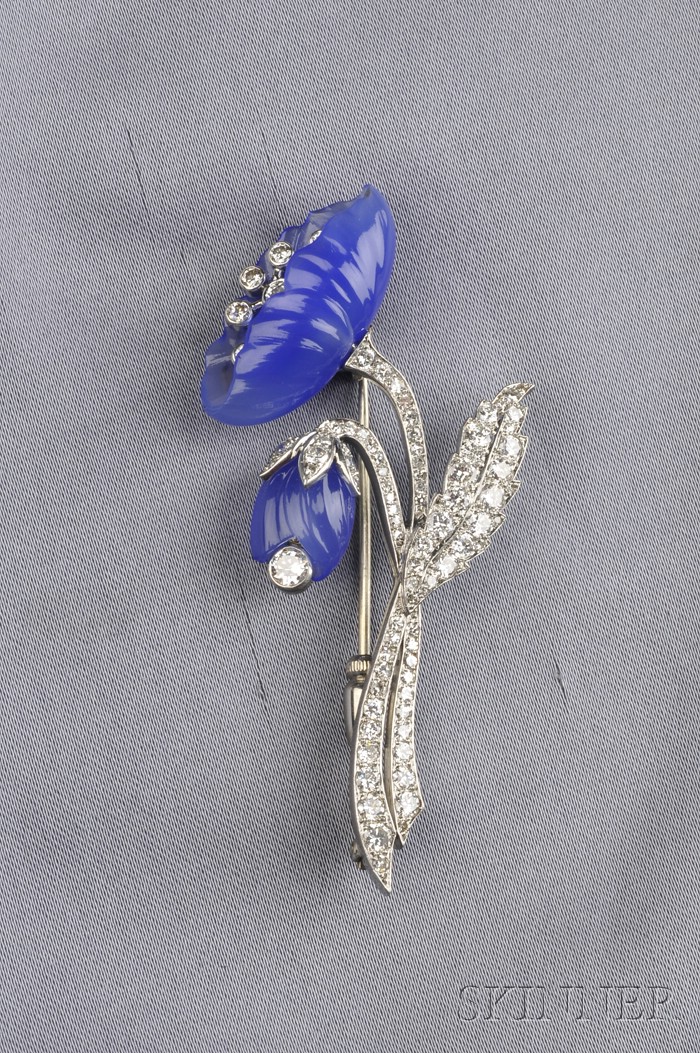 Appraisal: Platinum Blue Chalcedony and Diamond Flower Brooch Austria designed as