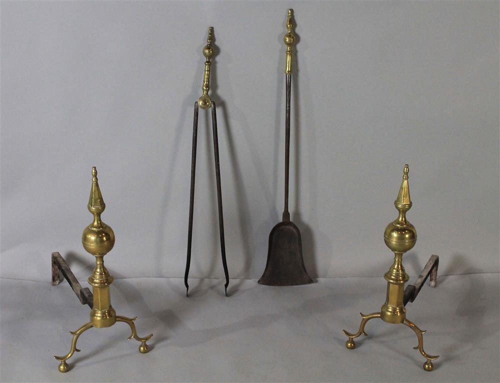 Appraisal: STEEPLE TOP BRASS ANDIRONS AND TOOLS th century Andirons Provenance