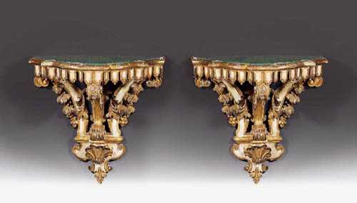 Appraisal: PAIR OF PAINTED HANGING CONSOLES Baroque Northern Italy circa Pierced