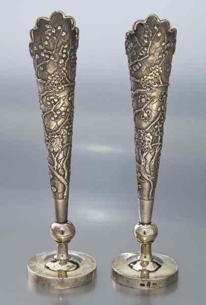 Appraisal: Pr Chinese Wang Hing and Co repousse silvertrumpet vases depicting