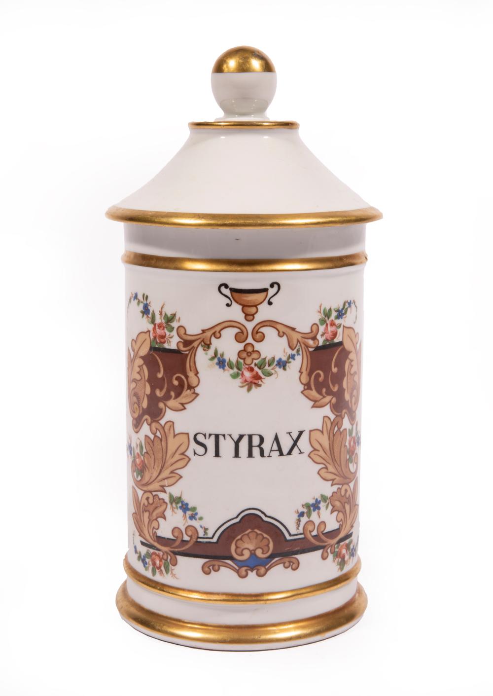 Appraisal: Paris Polychrome and Gilt Porcelain Covered Apothecary Jar th c