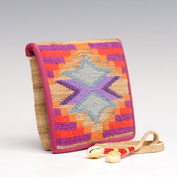 Appraisal: NEZ PERCE CORN HUSK BAG WITH WOOL YARN EMBROIDERYThe tightly